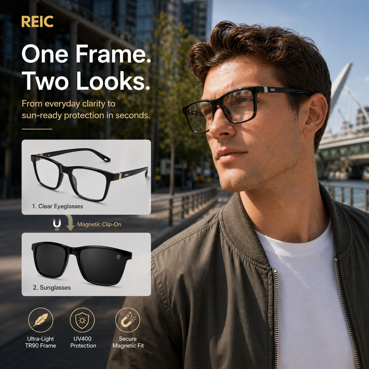 R9 Noir Gold — Magnetic Clip-On Eyewear
